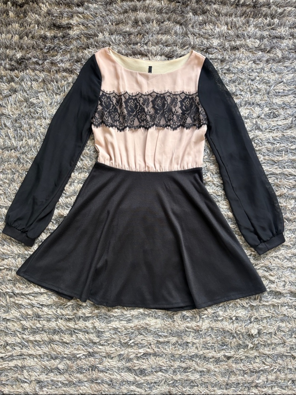 Long-Sleeve Black and Blush Lace A-Line Dress